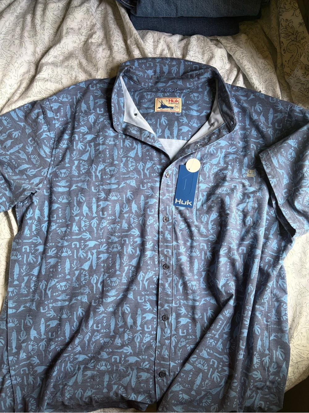 Huk Men's Slate Blue Short-Sleeve Button-Down with Light Blue Nautical Print